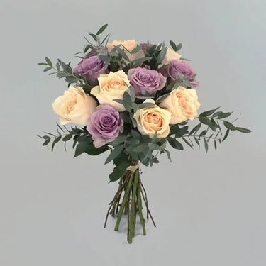 Peach Roses, Purple Roses, Charming Floral Ensemble, Hand-Tied Bouquet,eucalyptus leaves